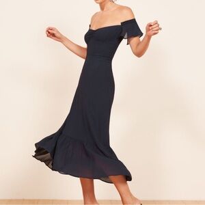Reformation Butterfly Midi Dress - Navy, Off shoulder